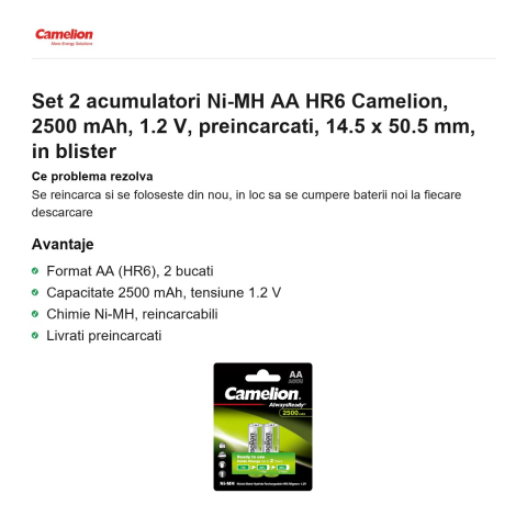 Set 2 acumulatori Ni-MH AA HR6 Camelion, 2500 mAh, 1.2 V, preincarcati, 14.5 x 50.5 mm, in blister [1]