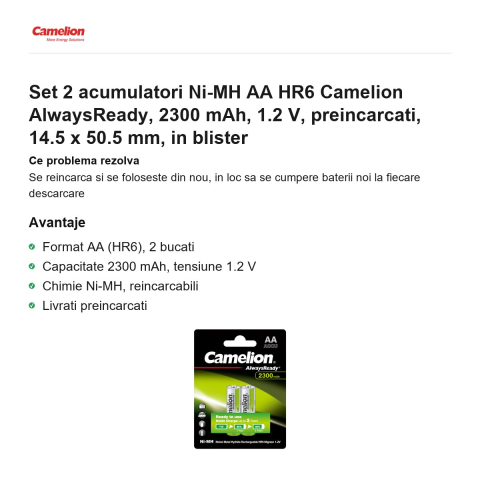 Set 2 acumulatori Ni-MH AA HR6 Camelion AlwaysReady, 2300 mAh, 1.2 V, preincarcati, 14.5 x 50.5 mm, in blister [1]