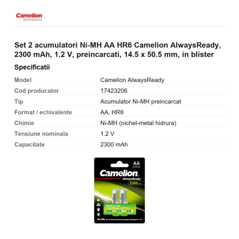 Set 2 acumulatori Ni-MH AA HR6 Camelion AlwaysReady, 2300 mAh, 1.2 V, preincarcati, 14.5 x 50.5 mm, in blister [2]