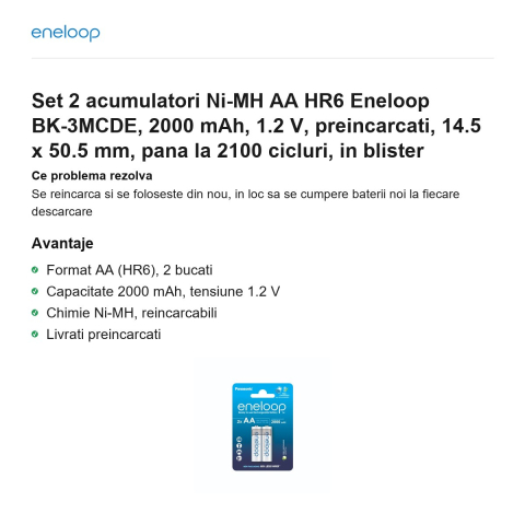 Set 2 acumulatori Ni-MH AA HR6 Eneloop BK-3MCDE, 2000 mAh, 1.2 V, preincarcati, 14.5 x 50.5 mm, pana la 2100 cicluri, in blister [1]
