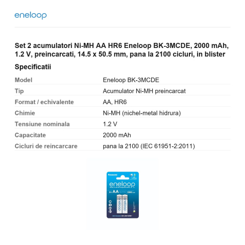 Set 2 acumulatori Ni-MH AA HR6 Eneloop BK-3MCDE, 2000 mAh, 1.2 V, preincarcati, 14.5 x 50.5 mm, pana la 2100 cicluri, in blister [2]