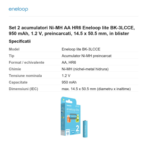 Set 2 acumulatori Ni-MH AA HR6 Eneloop lite BK-3LCCE, 950 mAh, 1.2 V, preincarcati, 14.5 x 50.5 mm, in blister [2]