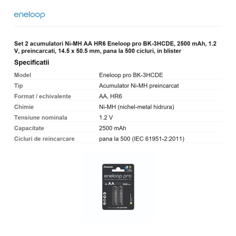 Set 2 acumulatori Ni-MH AA HR6 Eneloop pro BK-3HCDE, 2500 mAh, 1.2 V, preincarcati, 14.5 x 50.5 mm, pana la 500 cicluri, in blister [2]