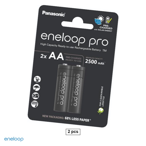 Energy - Set 2 acumulatori Ni-MH AA HR6 Eneloop pro BK-3HCDE, 2500 mAh, 1.2 V, preincarcati, 14.5 x 50.5 mm, pana la 500 cicluri, in blister