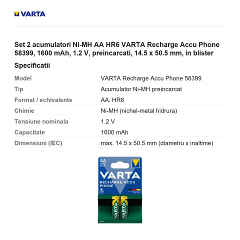 Set 2 acumulatori Ni-MH AA HR6 VARTA Recharge Accu Phone 58399, 1600 mAh, 1.2 V, preincarcati, 14.5 x 50.5 mm, in blister [2]