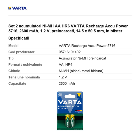 Set 2 acumulatori Ni-MH AA HR6 VARTA Recharge Accu Power 5716, 2600 mAh, 1.2 V, preincarcati, 14.5 x 50.5 mm, in blister [2]