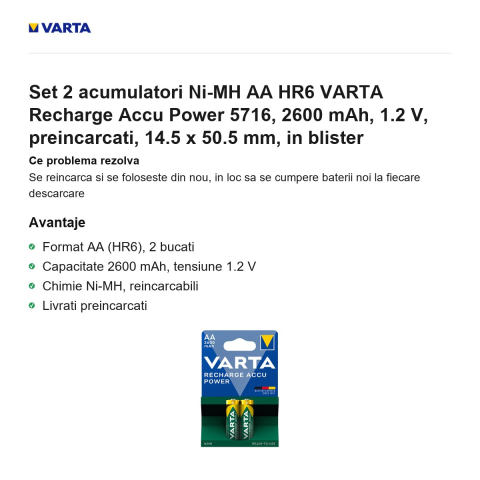 Set 2 acumulatori Ni-MH AA HR6 VARTA Recharge Accu Power 5716, 2600 mAh, 1.2 V, preincarcati, 14.5 x 50.5 mm, in blister [1]