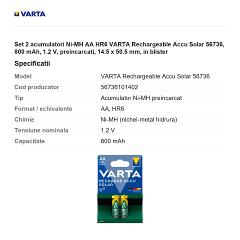 Set 2 acumulatori Ni-MH AA HR6 VARTA Rechargeable Accu Solar 56736, 800 mAh, 1.2 V, preincarcati, 14.5 x 50.5 mm, in blister [2]