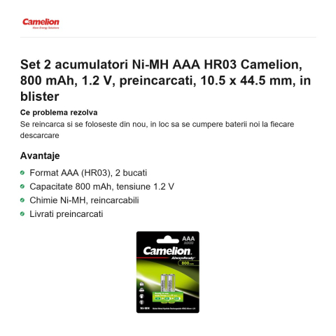 Set 2 acumulatori Ni-MH AAA HR03 Camelion, 800 mAh, 1.2 V, preincarcati, 10.5 x 44.5 mm, in blister [1]