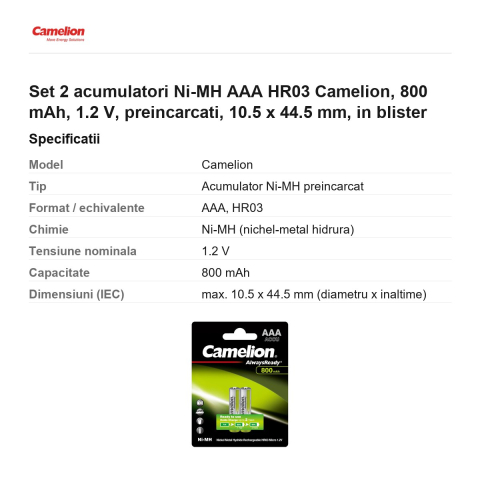 Set 2 acumulatori Ni-MH AAA HR03 Camelion, 800 mAh, 1.2 V, preincarcati, 10.5 x 44.5 mm, in blister [2]