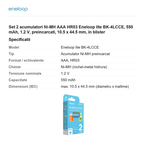 Set 2 acumulatori Ni-MH AAA HR03 Eneloop lite BK-4LCCE, 550 mAh, 1.2 V, preincarcati, 10.5 x 44.5 mm, in blister [2]