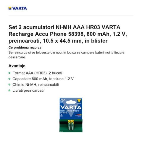 Set 2 acumulatori Ni-MH AAA HR03 VARTA Recharge Accu Phone 58398, 800 mAh, 1.2 V, preincarcati, 10.5 x 44.5 mm, in blister [1]