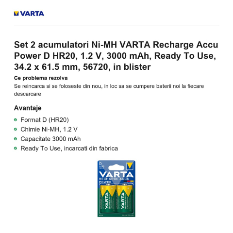 Set 2 acumulatori Ni-MH VARTA Recharge Accu Power D HR20, 1.2 V, 3000 mAh, Ready To Use, 34.2 x 61.5 mm, 56720, in blister [1]