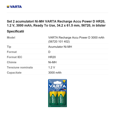 Set 2 acumulatori Ni-MH VARTA Recharge Accu Power D HR20, 1.2 V, 3000 mAh, Ready To Use, 34.2 x 61.5 mm, 56720, in blister [2]