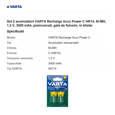 Set 2 acumulatori VARTA Recharge Accu Power C HR14, Ni-MH, 1.2 V, 3000 mAh, preincarcati, gata de folosire, in blister [2]