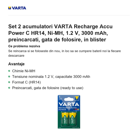 Set 2 acumulatori VARTA Recharge Accu Power C HR14, Ni-MH, 1.2 V, 3000 mAh, preincarcati, gata de folosire, in blister [1]