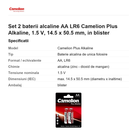 Set 2 baterii alcaline AA LR6 Camelion Plus Alkaline, 1.5 V, 14.5 x 50.5 mm, in blister [2]