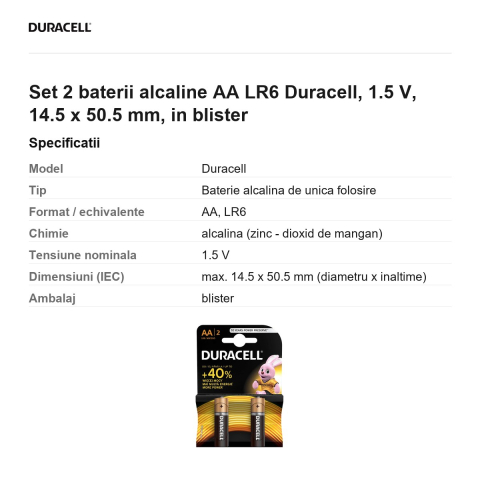 Set 2 baterii alcaline AA LR6 Duracell, 1.5 V, 14.5 x 50.5 mm, in blister [2]