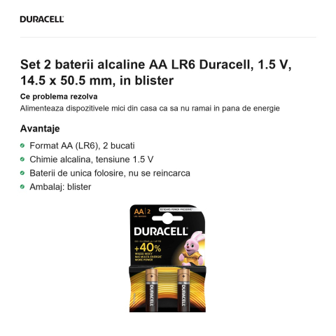 Set 2 baterii alcaline AA LR6 Duracell, 1.5 V, 14.5 x 50.5 mm, in blister [1]