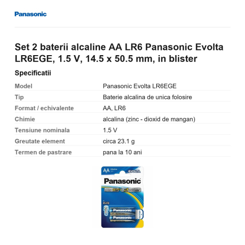 Set 2 baterii alcaline AA LR6 Panasonic Evolta LR6EGE, 1.5 V, 14.5 x 50.5 mm, in blister [2]