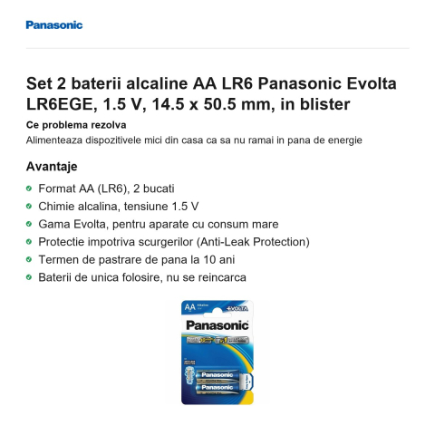 Set 2 baterii alcaline AA LR6 Panasonic Evolta LR6EGE, 1.5 V, 14.5 x 50.5 mm, in blister [1]