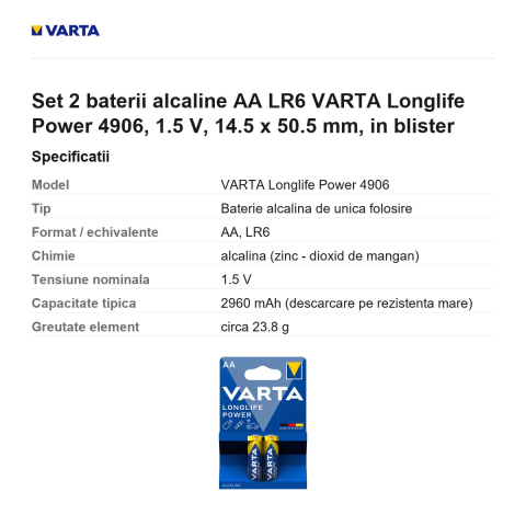 Set 2 baterii alcaline AA LR6 VARTA Longlife Power 4906, 1.5 V, 14.5 x 50.5 mm, in blister [2]