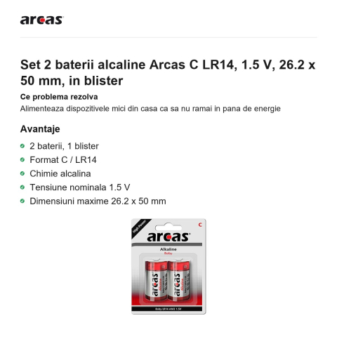 Set 2 baterii alcaline Arcas C LR14, 1.5 V, 26.2 x 50 mm, in blister [1]