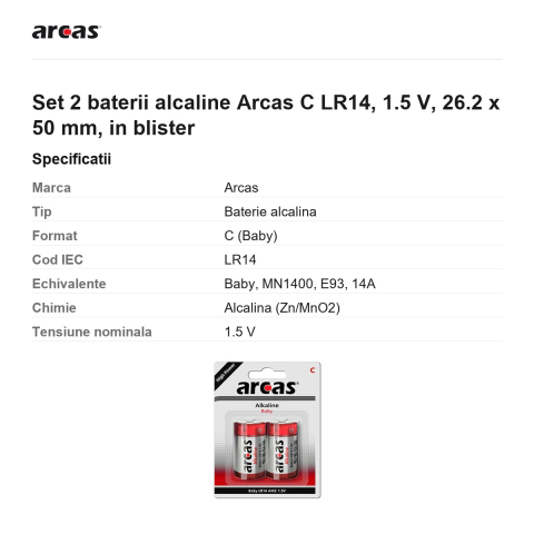 Set 2 baterii alcaline Arcas C LR14, 1.5 V, 26.2 x 50 mm, in blister [2]