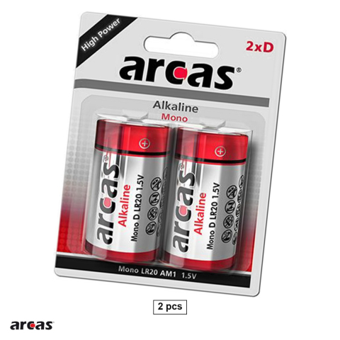 Energy - Set 2 baterii alcaline Arcas D LR20, 1.5 V, 34.2 x 61.5 mm, in blister