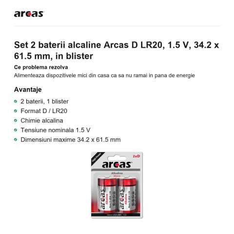 Set 2 baterii alcaline Arcas D LR20, 1.5 V, 34.2 x 61.5 mm, in blister [1]