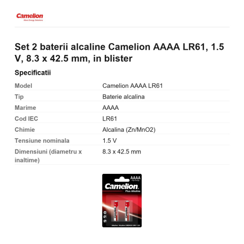 Set 2 baterii alcaline Camelion AAAA LR61, 1.5 V, 8.3 x 42.5 mm, in blister [2]