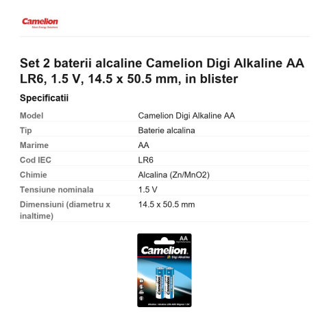 Set 2 baterii alcaline Camelion Digi Alkaline AA LR6, 1.5 V, 14.5 x 50.5 mm, in blister [2]