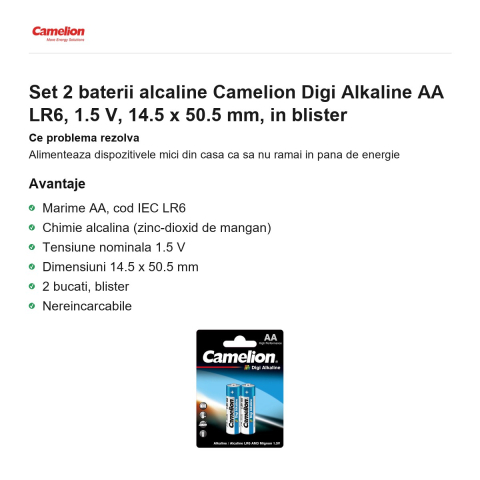 Set 2 baterii alcaline Camelion Digi Alkaline AA LR6, 1.5 V, 14.5 x 50.5 mm, in blister [1]