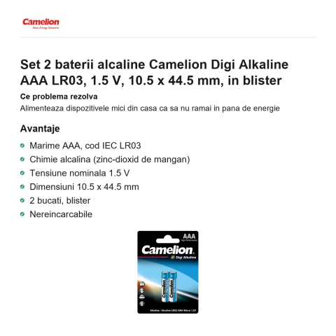 Set 2 baterii alcaline Camelion Digi Alkaline AAA LR03, 1.5 V, 10.5 x 44.5 mm, in blister [1]