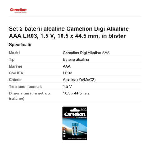 Set 2 baterii alcaline Camelion Digi Alkaline AAA LR03, 1.5 V, 10.5 x 44.5 mm, in blister [2]