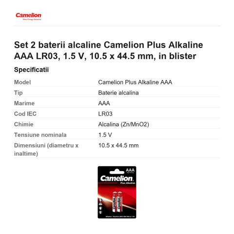 Set 2 baterii alcaline Camelion Plus Alkaline AAA LR03, 1.5 V, 10.5 x 44.5 mm, in blister [2]
