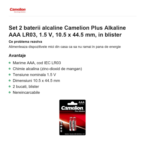 Set 2 baterii alcaline Camelion Plus Alkaline AAA LR03, 1.5 V, 10.5 x 44.5 mm, in blister [1]