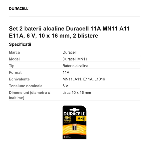 Set 2 baterii alcaline Duracell 11A MN11 A11 E11A, 6 V, 10 x 16 mm, 2 blistere [2]