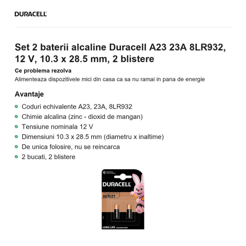 Set 2 baterii alcaline Duracell A23 23A 8LR932, 12 V, 10.3 x 28.5 mm, 2 blistere [1]