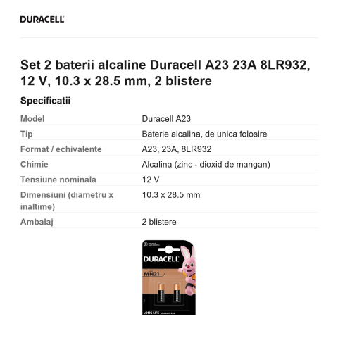 Set 2 baterii alcaline Duracell A23 23A 8LR932, 12 V, 10.3 x 28.5 mm, 2 blistere [2]
