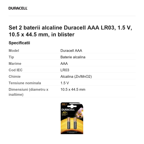 Set 2 baterii alcaline Duracell AAA LR03, 1.5 V, 10.5 x 44.5 mm, in blister [2]