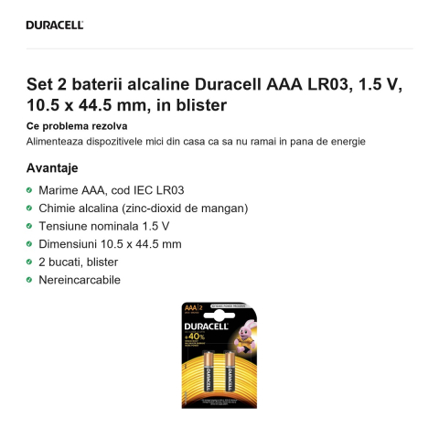 Set 2 baterii alcaline Duracell AAA LR03, 1.5 V, 10.5 x 44.5 mm, in blister [1]