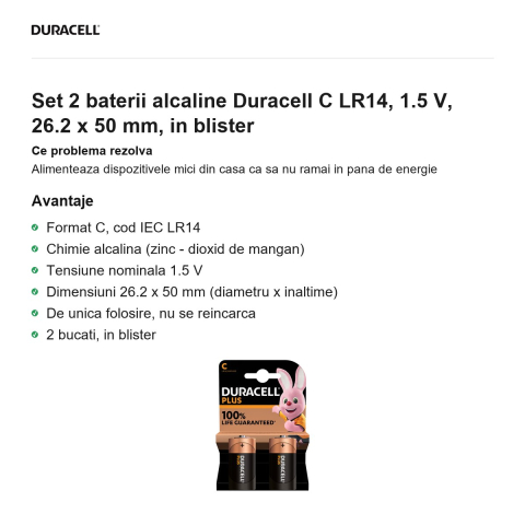 Set 2 baterii alcaline Duracell C LR14, 1.5 V, 26.2 x 50 mm, in blister [1]