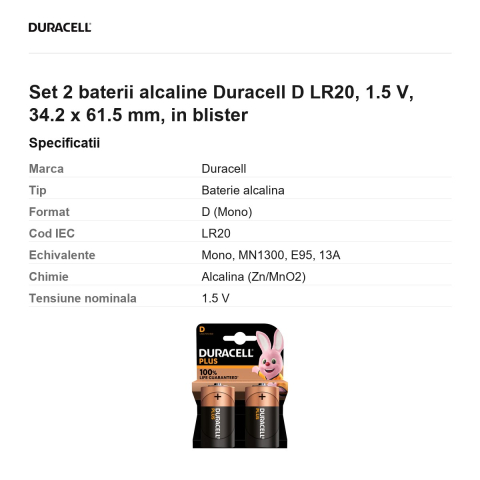 Set 2 baterii alcaline Duracell D LR20, 1.5 V, 34.2 x 61.5 mm, in blister [2]