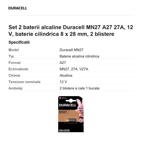 Set 2 baterii alcaline Duracell MN27 A27 27A, 12 V, baterie cilindrica 8 x 28 mm, 2 blistere [2]