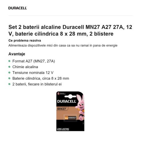 Set 2 baterii alcaline Duracell MN27 A27 27A, 12 V, baterie cilindrica 8 x 28 mm, 2 blistere [1]