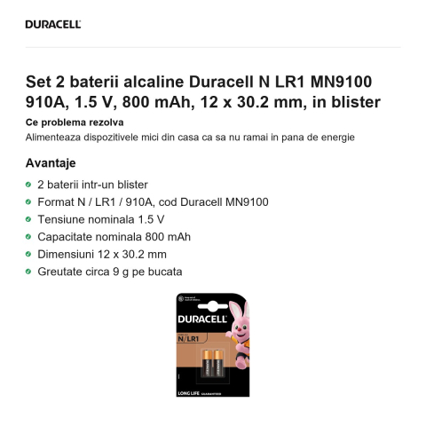 Set 2 baterii alcaline Duracell N LR1 MN9100 910A, 1.5 V, 800 mAh, 12 x 30.2 mm, in blister [1]