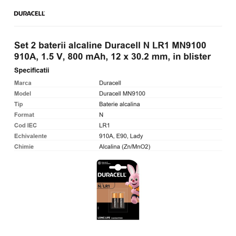 Set 2 baterii alcaline Duracell N LR1 MN9100 910A, 1.5 V, 800 mAh, 12 x 30.2 mm, in blister [2]