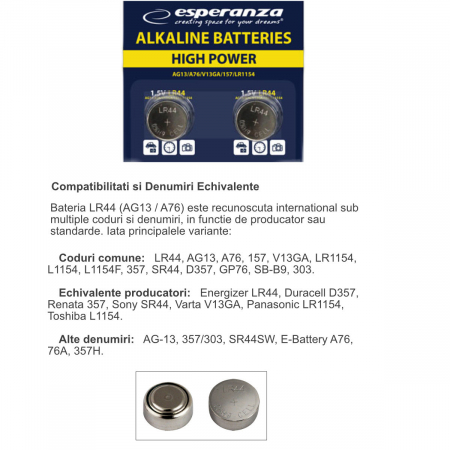 Set 2 baterii alcaline Esperanza LR44 (AG13 / A76), 1.5V, diametru 11.6mm, grosime 5.4mm, in blister [4]