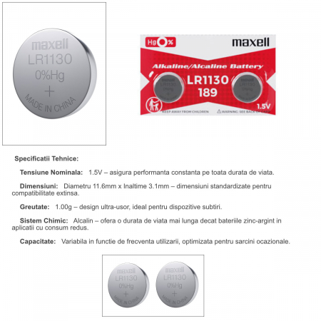 Set 2 baterii alcaline Maxell LR1130 / AG10 (289), 1.5V, diametru 11.6mm, grosime 5.4mm, low drain, in blister [4]